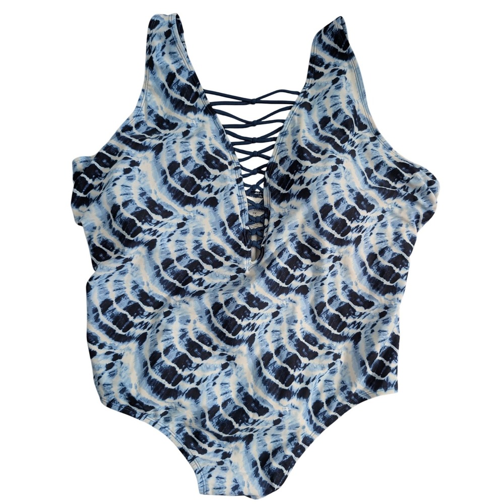 Plus Size Lace Up One Piece Swimsuit 3X‎ Blue White Corset Front Summer Vacation